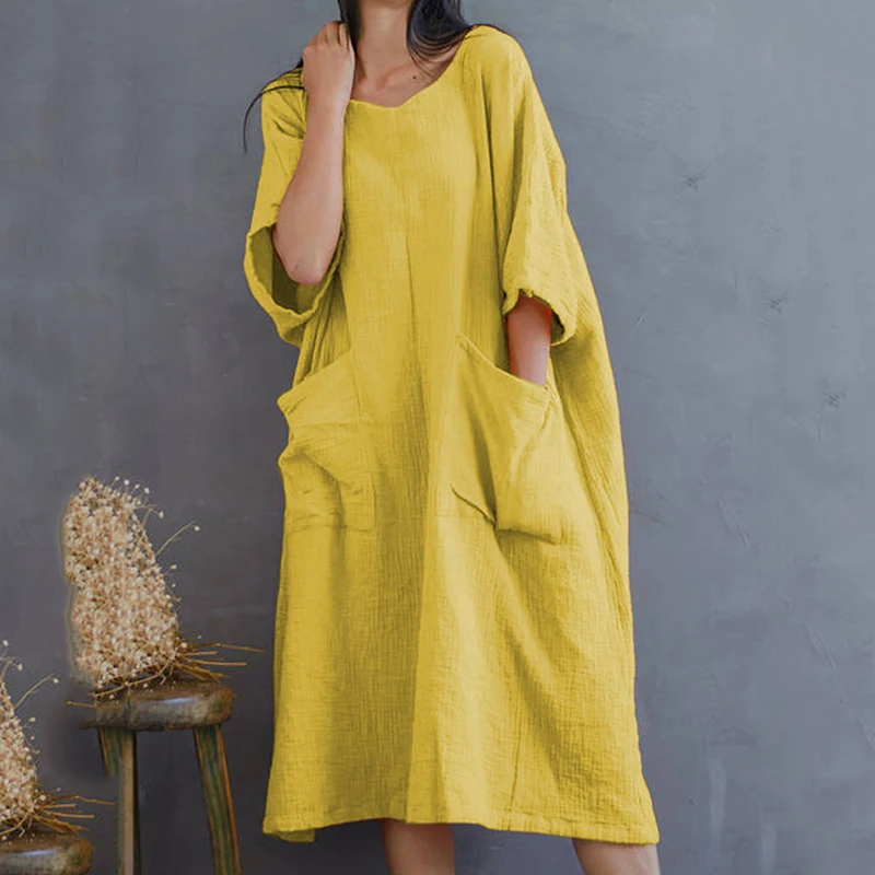 

Spring Summer Dress Casual Loose Women O Neck 3/4 Sleeve Ruffle Swing Polyester Solid Color Knee-Length Plus Size Home Dress
