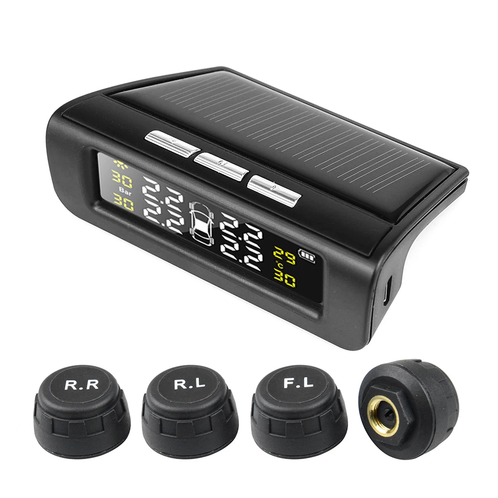 Солнечная энергия USB TPMS автомобильная система контроля давления в шинах lcd 4 внешние/внутренние датчики для внедороПредупреждение о температуре