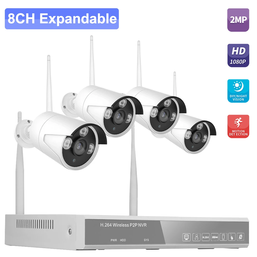 Wireless NVR Kit 8CH 4 Cameras Security Surveillance System 2MP 1080P WIFI Camera Monitor P2P Motion Detection | Безопасность и