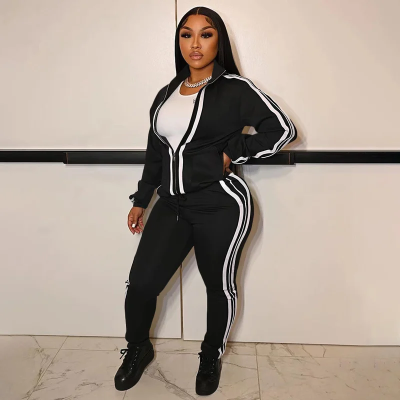 Spring Winter Casual Sporty Two Piece Set Women Turn Down Collar Long Sleeve Jackets and Side Striped Sweatpant Suits Activewear