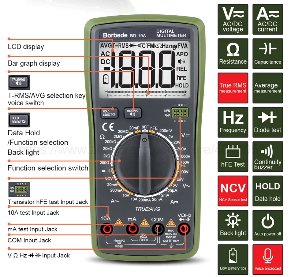 Borbede BD-19A цифровой мультиметр с голосовым значением DC/AC напряжение ток сопротивление емкость NCV True RMS диод тестер