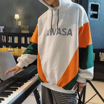 

2020 New Spring And Autumn Japanese Harajuku Style Men's Casual Stitching Hooded Pullover Loose High Quality M-XL