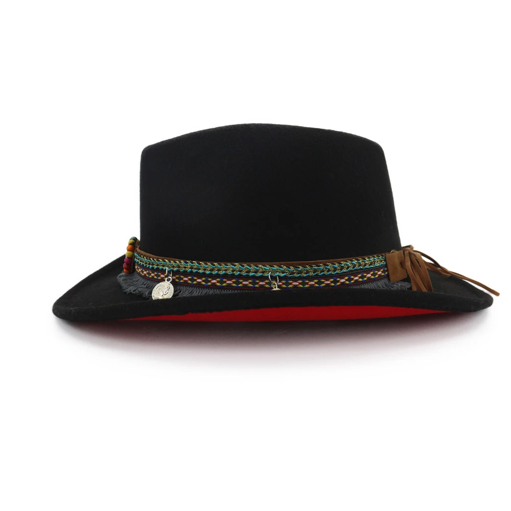 Мужская и Женская Ковбойская фетровая шляпа с кисточкой и лентой с широкими полями, джазовая шляпа черного цвета, размер 56-58 см