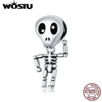 

Wostu Genuine 925 Sterling Silver Halloween Skull Man CZ Charm for Original Luxury Brand Female DIY Jewelry Make DXC1605