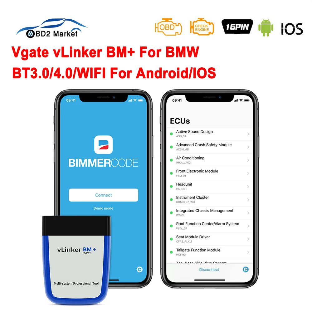 Автомобильный диагностический прибор Vgate vLinker BM ELM327 OBD 2 OBD2 для BMW Bluetooth Wi-Fi