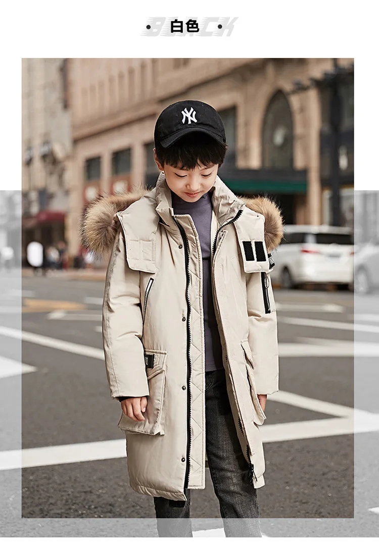Корейский детский пуховик; зимнее пальто для мальчиков; пальто с капюшоном и мехом енота; утепленная верхняя одежда; парки на утином пуху для мальчиков; TZ218