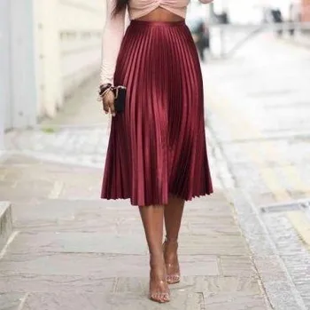 

Wine Red Skirts For African Girls Pleated Tea Length Custom Made Plus Size Summer Long Skirts