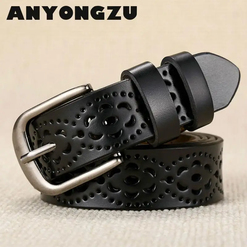 

ANYONGZU design Women Belt really cowhide And around Hollow Simple Decoration Fashionable Needle Buckle 105 110 115 Tie-in jeans