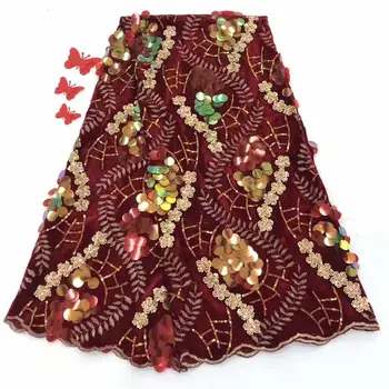 

2019 Latest Style Green High Quality African Velvet Lace Fabric With Wine Red Sequins Nigerian Lace Fabrics For Wedding Party