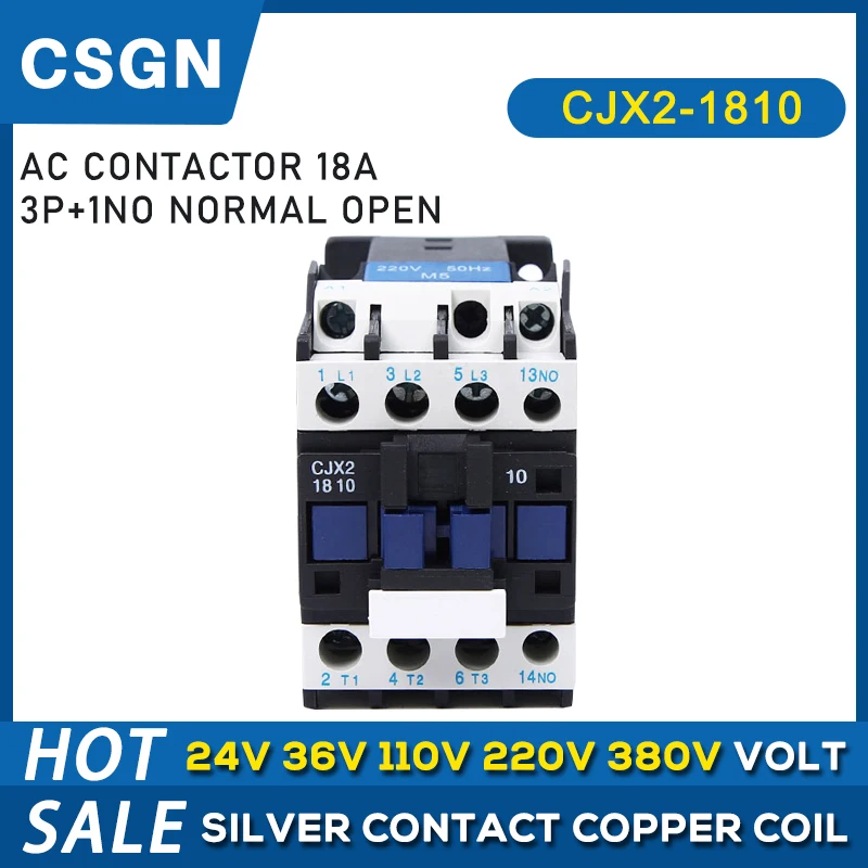 CJX2-1810 LC1 AC Contactor 18A 3 Phase 3-Pole NO Coil Voltage 380V 220V 110V 36V 24V 50/60Hz Din Rail Mounted 3P+1NO Normal Open |