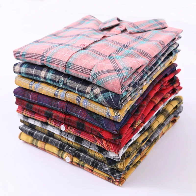 2020 New Autumn Winter Plaid Shirts Women Cotton Ladies Casual One Pocket Top Loose Plus Size Blouse Female Long Sleeve Blouses