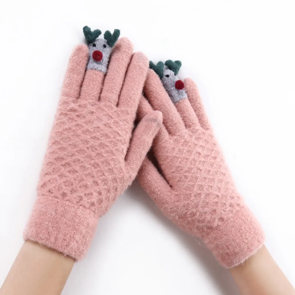 Милые детские зимние вязаные перчатки с изображением животных для сенсорного экрана, зимние теплые варежки для бега для девочек, женские супер теплые перчатки