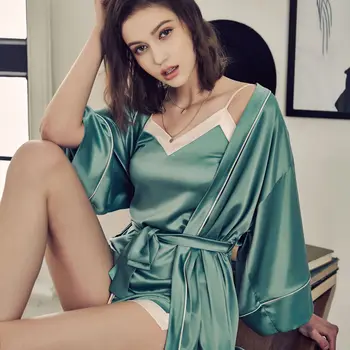 

Four-piece set of new ladies satin pajamas Comfortable, silky, sexy fashionable silk home service suit Spring summer new style