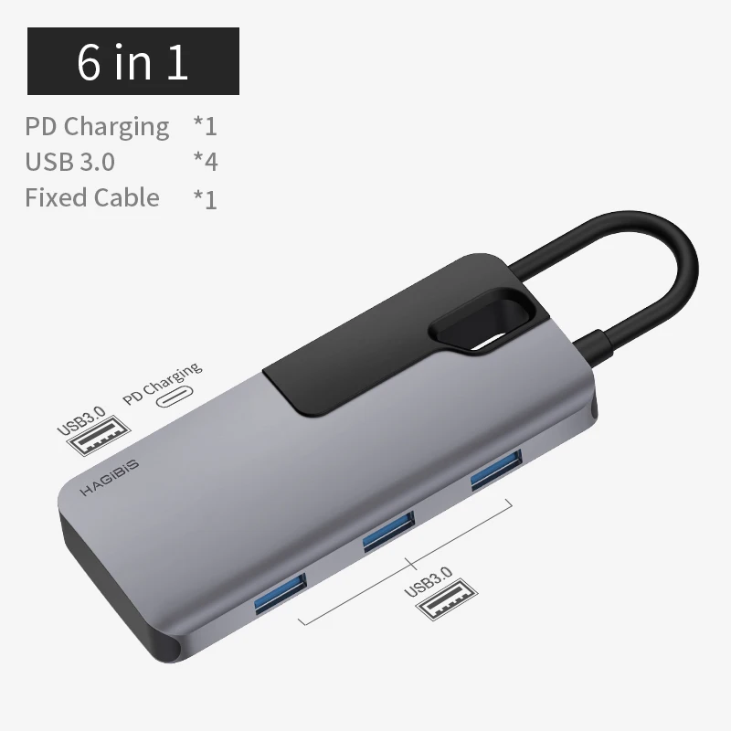 Хагбис USB C концентратор type C к USB 3,0 концентратор HDMI VGA адаптер Thunderbolt 3 док-станция 3,5 мм аудио RJ45 адаптер PD Зарядка для MacBook Pro - Цвет: 6in1(Non-HDMI)