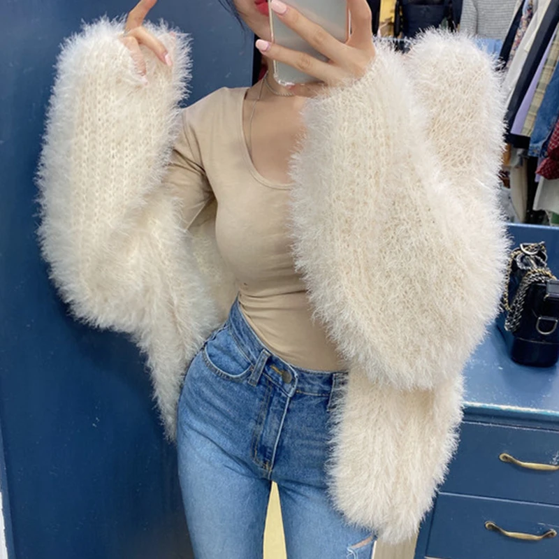 

2022 Fall Sweet Faux Mink Hair Loose Cardigan for Women Warm Winter Long Sleeve V-Neck Sweater Outwear Lady Cute Knitted Jacket