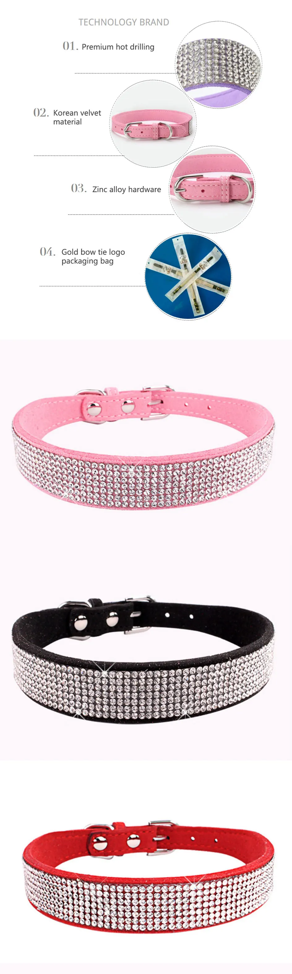 Comfortable Suede Fiber Crystal Dog Collar Glitter Rhinestone Dog Collars Zinc Alloy Buckle Collar for Small Dogs Cats XS/S/M/L