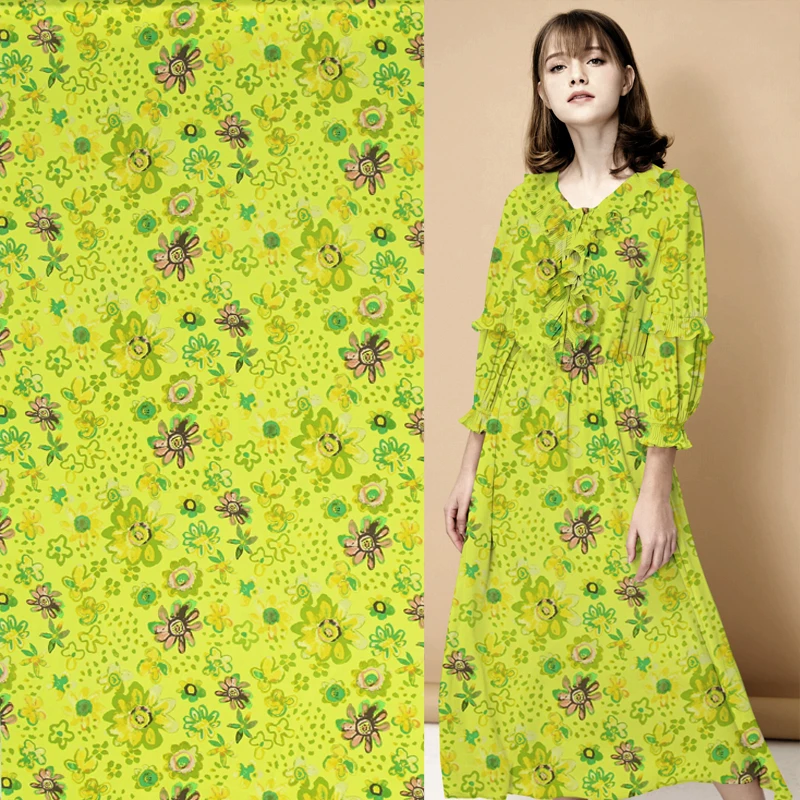 Яркий желтый чистый шелк крепдешин ткань граффити Цветочный дизайн, SCDC1095