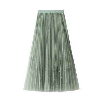 

2020 Pearl Beading Women Summer Mesh Skirt High Waist A-Line Long Skirt Casual Clothes Faldas Jupe Femme Saia Women Skirts
