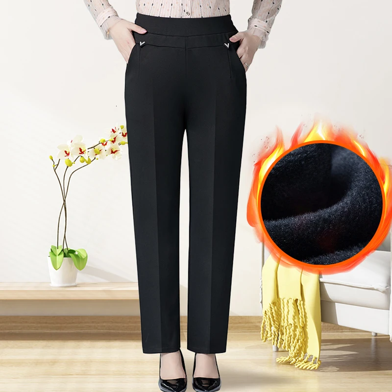 Зимние теплые штаны размера плюс XL-6XL, весенние осенние женские одноцветные штаны с эластичной резинкой на талии, женские плотные флисовые свободные брюки - Цвет: Black velvet