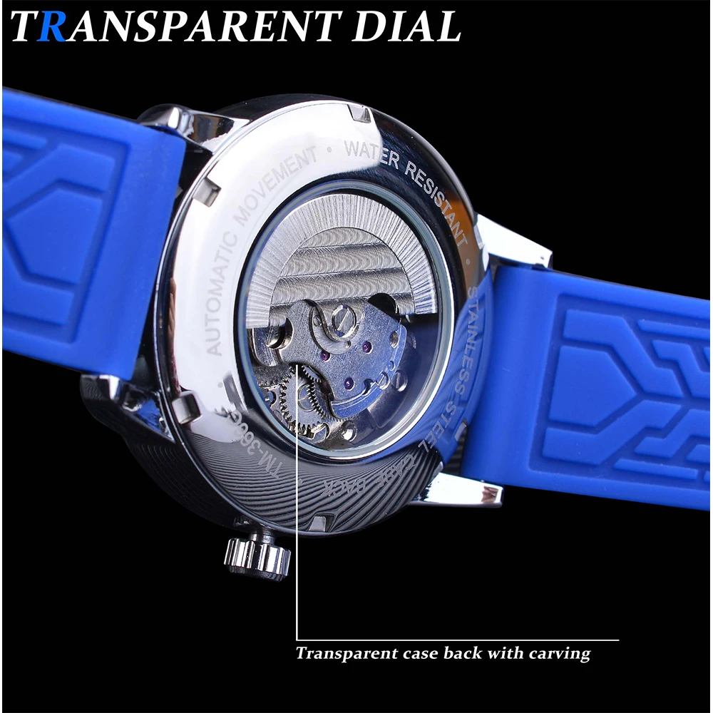 Forsining Luxury Men's Automatic Wristwatch Dual Dial Transparent Waterproof Mechanical Watches Silicone Band Casual Sport Clock