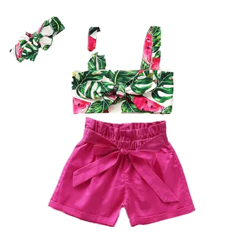 

Toddler Baby Girls Floral Vest Short Sleeve Off Shoulder Crop Tops Floral Bow Knot Shorts Headbands Outfits Clothes 1-5Y