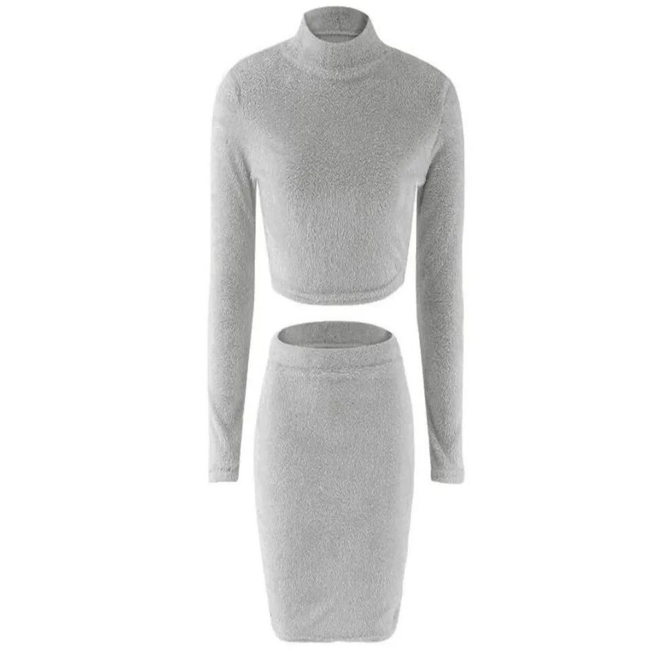 Комплект из двух предметов, женский зимний костюм, свитер, укороченный топ и платье, вязаный однотонный Повседневный офисный Женский Теплый облегающий наряд, Ensemble Femme