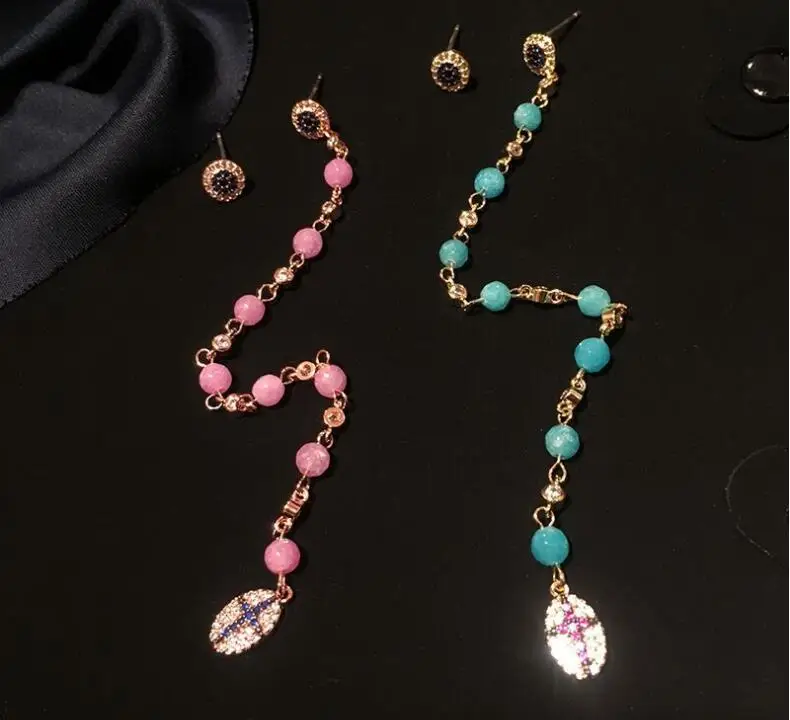 

Asymmetric long earrings women ins green beads earrings French pink beads long ear accessories