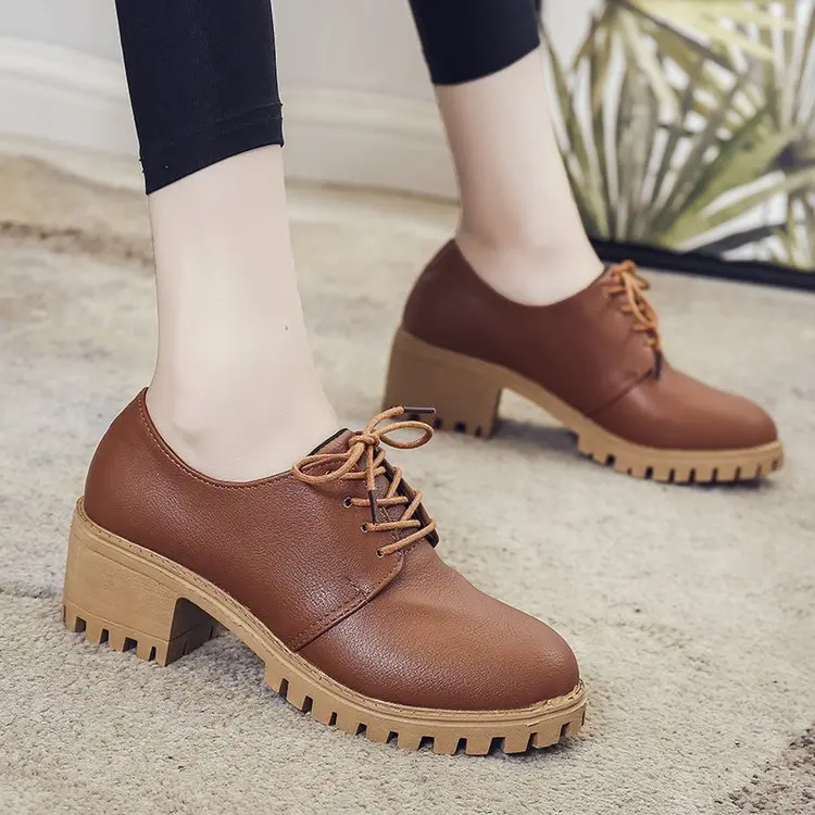 

2019 Autumn New Style Semi-high Heeled WOMEN'S Shoes Solid Color Anti-slip Lace-up Retro Leather Shoes England College Style WOM