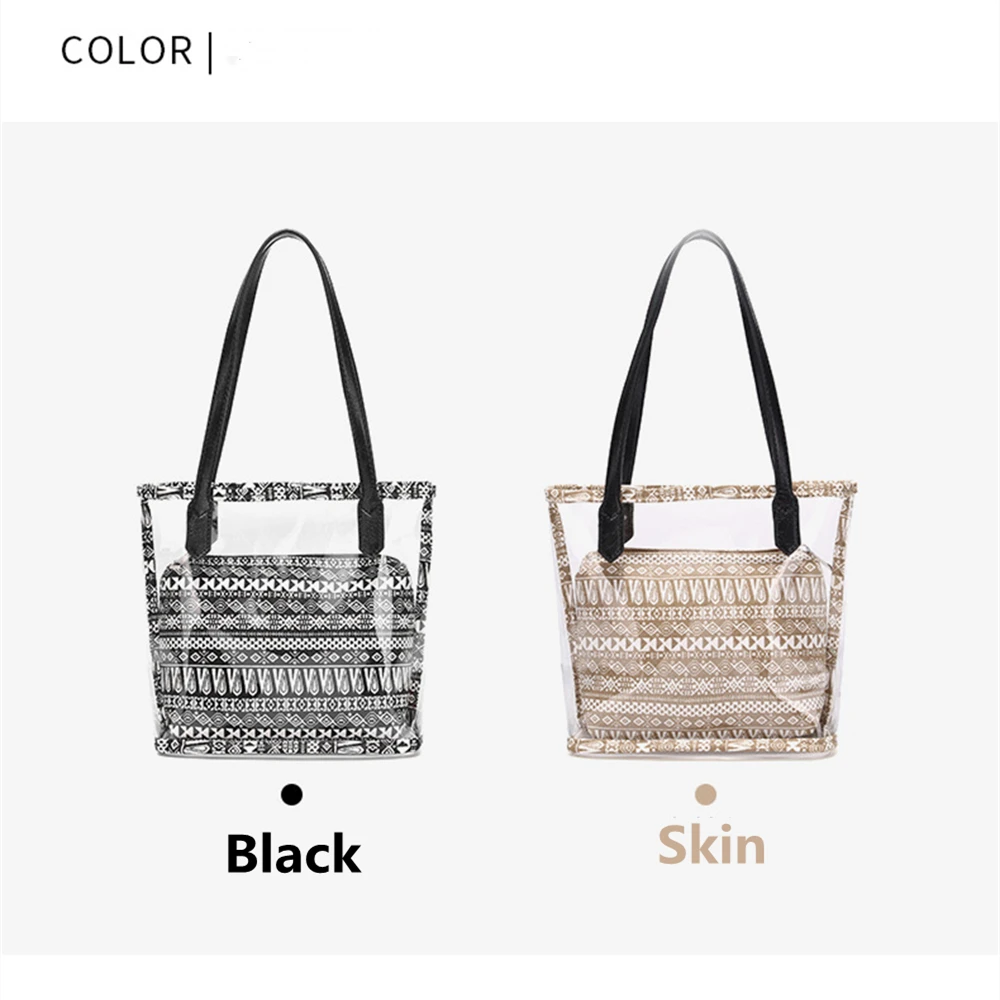 

Ladies Canvas Transparent PVC Bucket Bag Summer Shoulder Bag Portable Handbag Removable Jelly Bag Dual-use Bag