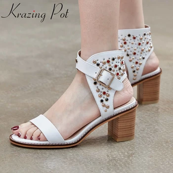 

Krazing pot 2020 new genuine leather peep toe high heels shoes women bead rhinestone rivet decorations summer sandals women L51