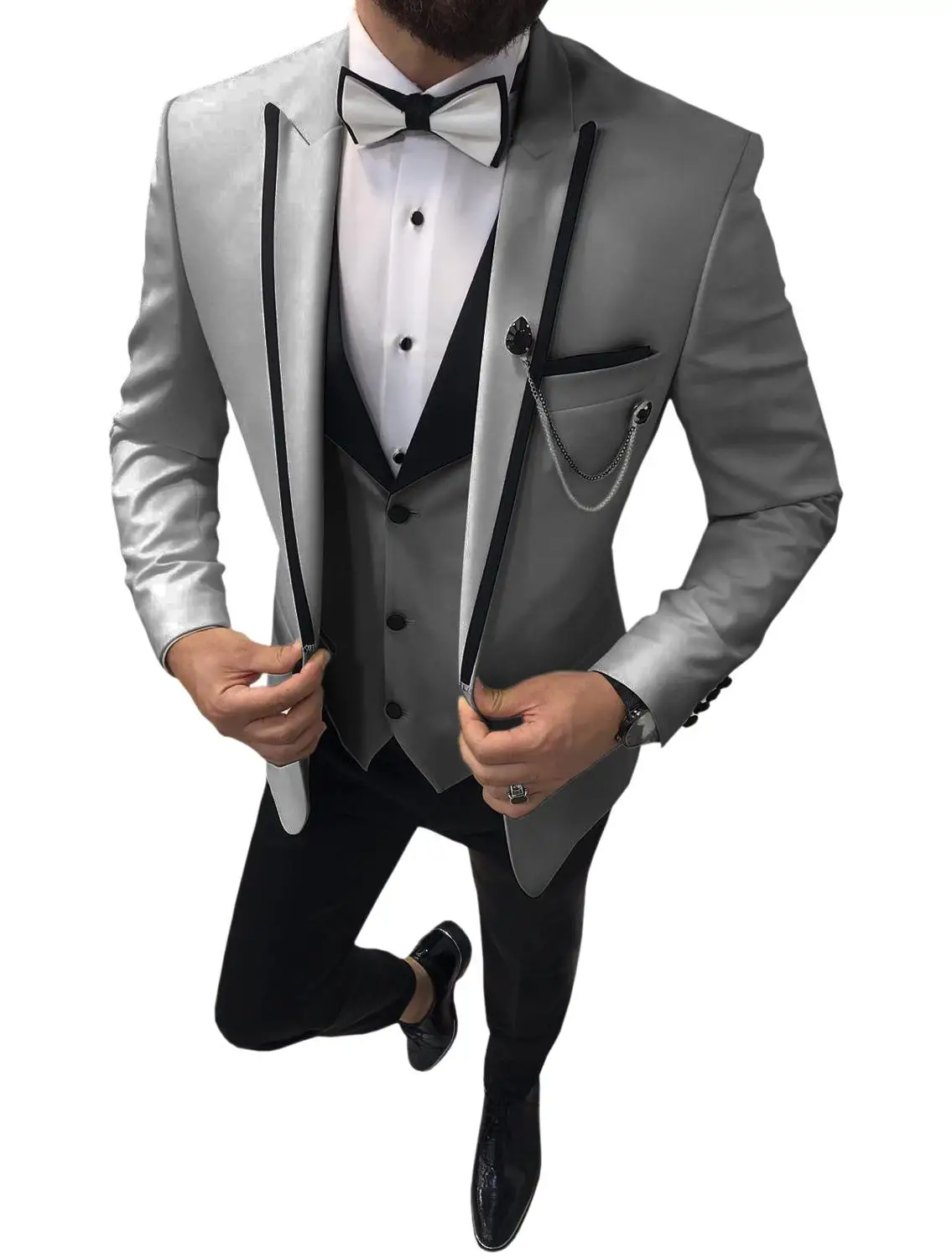 Коричневый мужской костюм из 3 предметов, приталенные Женихи, мужские повседневные свадебные костюмы с зубчатым отворотом, мужской смокинг с v-образным вырезом(пиджак+ жилет+ брюки - Цвет: Silver Grey