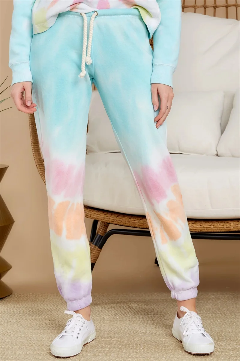 

Blue Tie-dyed Drawstring Elastic Pants Knitted Binding Feet Casual Woman Pants Outdoor Summer Pink Female Trousers 2020