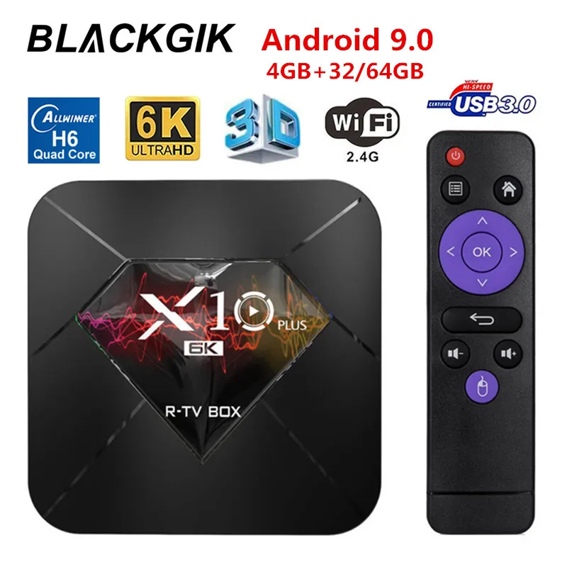 X10 плюс Смарт R-TV коробка Android 9,0 Allwinner H6 4 Гб Оперативная память+ 32/64GB Встроенная память Декодер каналов кабельного телевидения 2,4G Wi-Fi USB 3,0 6K H.265 HD медиа-плеер