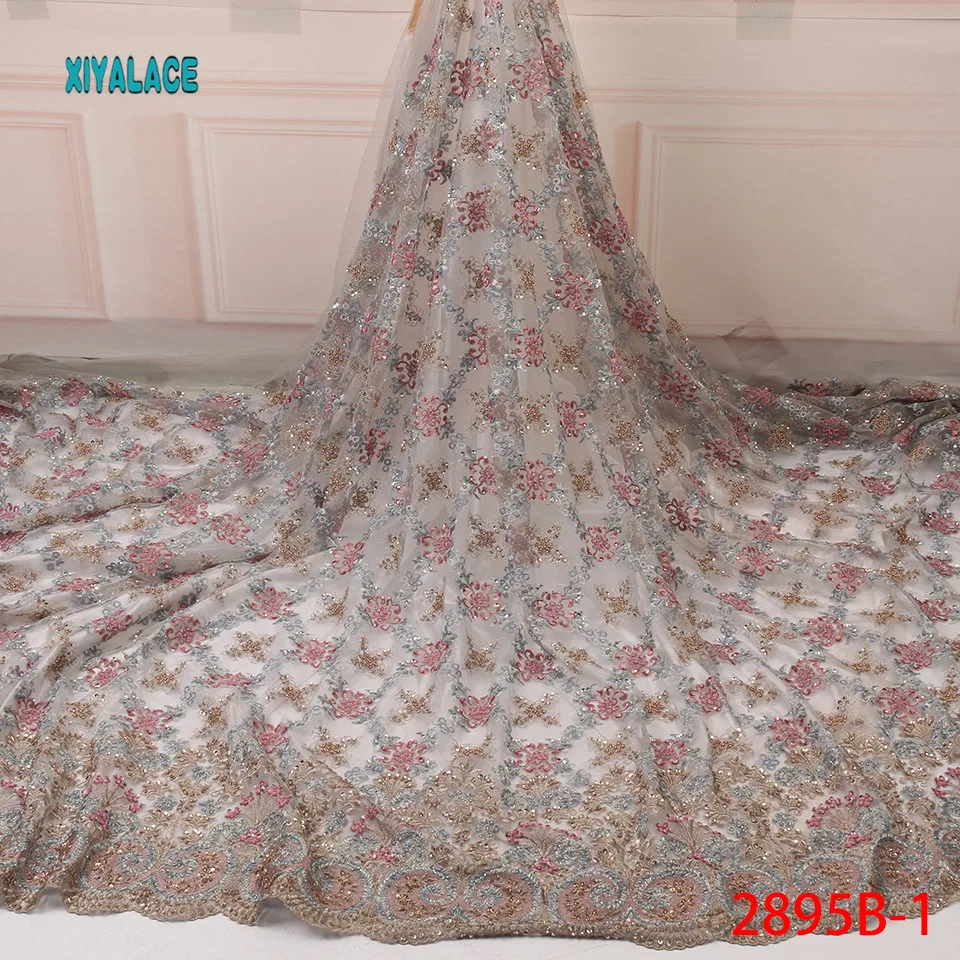 

Hot Sale Handmade beads lace fabric High Quality 2019 African Net Laces Fabrics Nigerian tulle with for wedding YA2895B-1