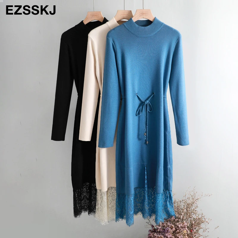 elegant O-neck loose long Thick Sweater dress women Autumn Winter lace Drawstring dress Femme Lace Up loose robe Knitted dress