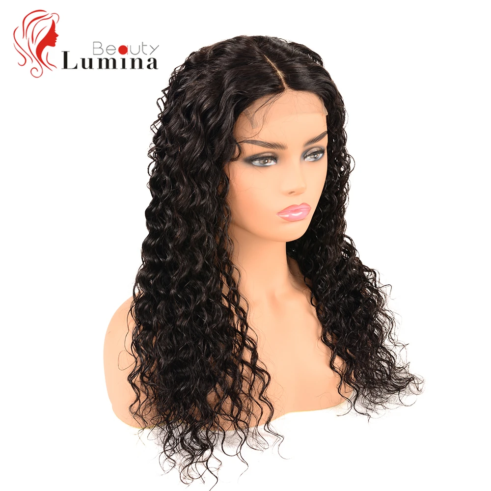 Красота Lumina волосы 4x4 кружева закрытие парик глубокая волна человеческих волос парики для женский, черный перуанские Remy(Реми) предварительно вырезанные человеческие волосы парики