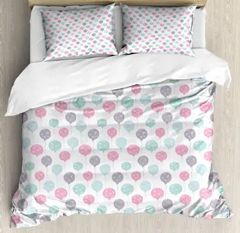

Birthday Party Duvet Cover Set Continuous Balloons with Hearts Fun 3 Piece Bedding Set Pastel Pink Pale Seafoam Baby Pink Purple