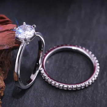 

Huitan Six Prong Setting 2PC ridal Rings For Women With Middle Round Stone Micro Paved Romantic Proposal Ring For Women Drop