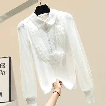 

Autumn Sweater Women's Sweaters New Lace Panel Collared Knit Shirt Loose-Fit Outfit Top Femme Jumper Basic Tops Nancylim