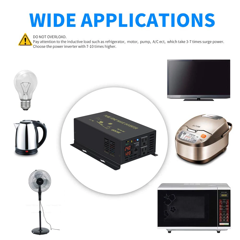 Description Picture 3 of itemWired Control Pure Sine Wave Inverter 600W Solar Panel Inverter Battery 12V/24V/48V/96V/110V DC to AC 120V/220V/240V Converter