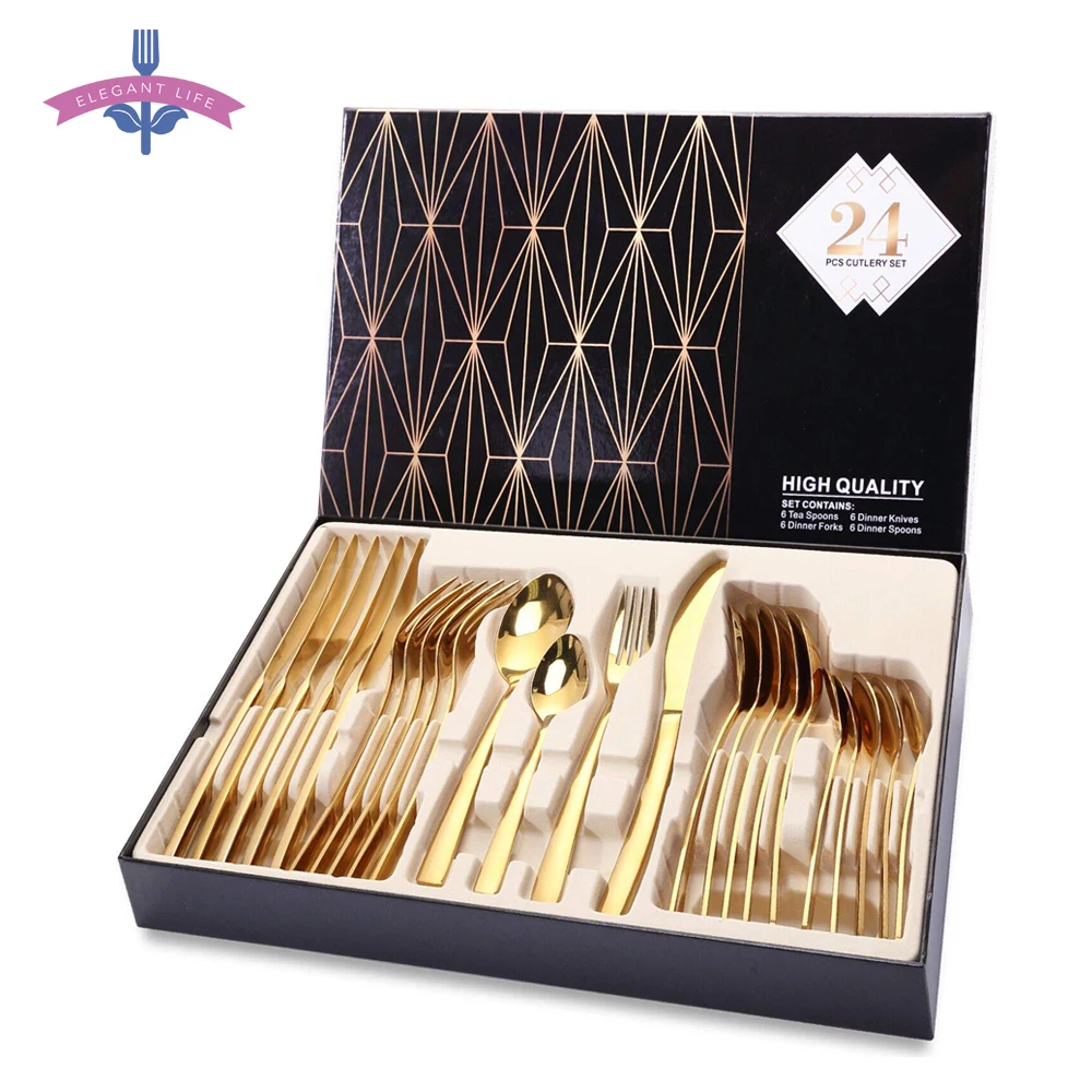 Spoons Cutlery-Sets Knives Forks Dinnerware Dishes Western Stainless-Steel Kitchen 24PCS