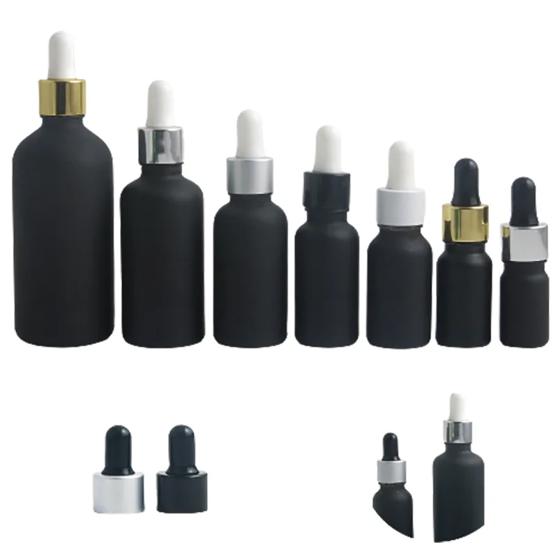 

200 x 100ml 50ml 30ml 20ml 15ml 10ml 5ml Matt Black Glass dropper Piepette bottles 1oz Glass Essential Oil Bottle With Dropper