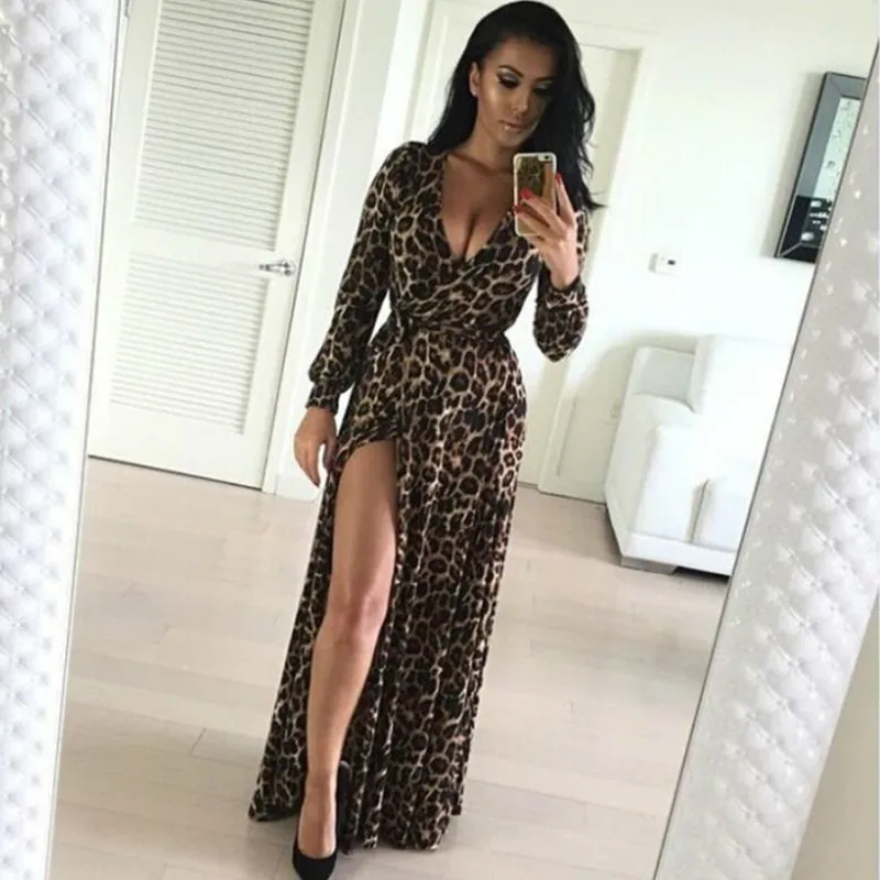

2019 European And American-Style New Style Autumn Sexy Leopord Pattern Slit Dress V-neck Long-Sleeve Dress