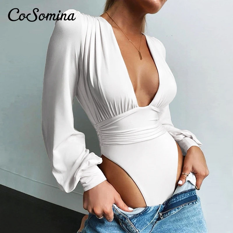 

CoSomina Sexy Deep V-neck Bodysuits Women Elegant Ruched Long Sleeve Jumpsuits Romper Spring Autumn Ladies Party Tops Bodysuit