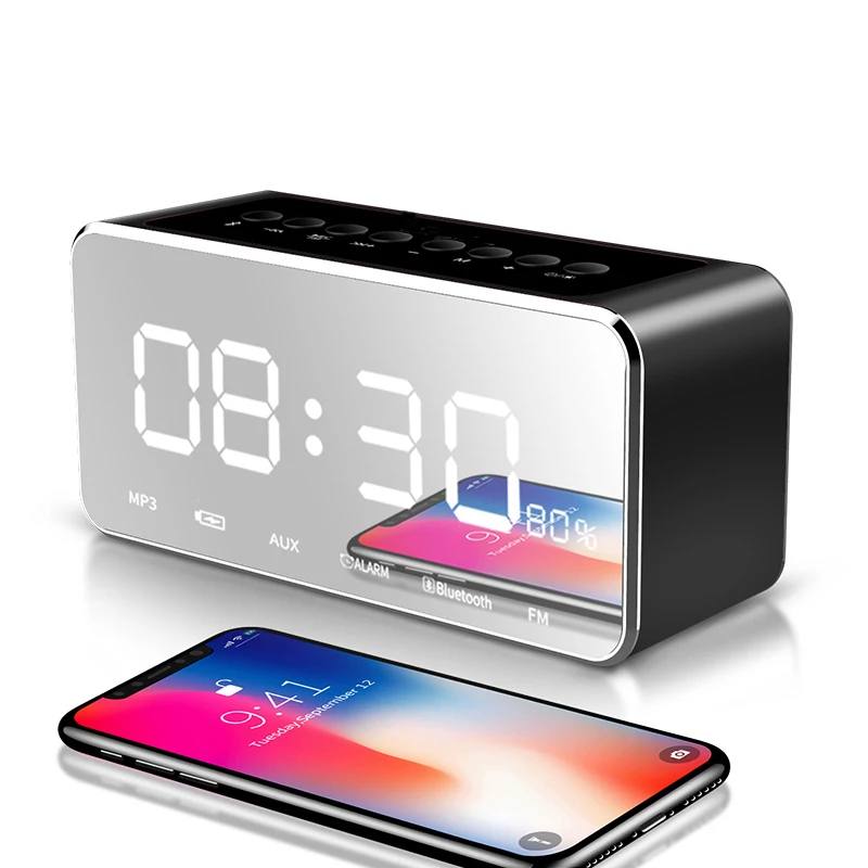 

Hot Sale Portable MP3 Player Mirror Led Stereo Speakers Bluetooth Speaker With FM Radio Time Alarm Clock