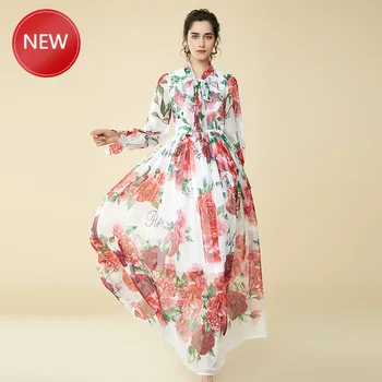 

Design Women Full Length Printing Dresses Bow Collar Sweet Pattern Chiffon High Quality Ball Gown Dress