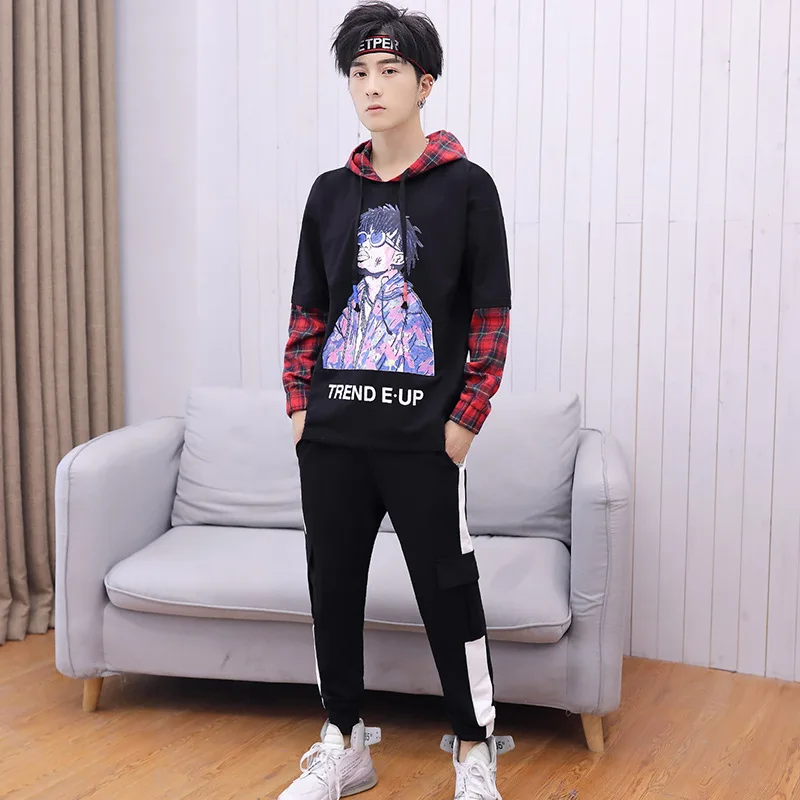 

2019 Men Spring And Autumn Leisure Sports Suit Hooded Pullover Printed Trend Hoodie Long Sleeve Trousers Skinny Dacron