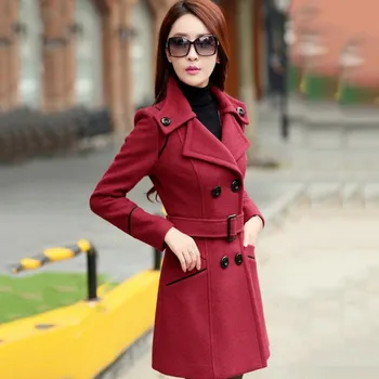 

Winter Long Overcoat Women Wool Trench Pockets Double Breasted Solid Slim Elegant Outwear Female Coat hc