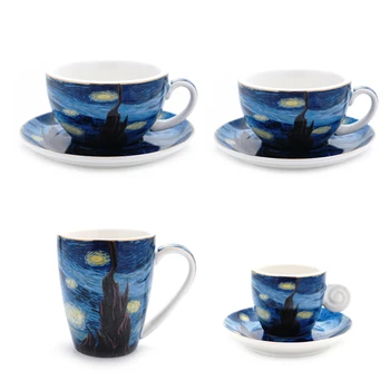 

Van Gogh Starry Sky Ceramic Coffee Cup Creative Vintage Cup Cafe Bar Supplies Embossed Breakfast Gold Inlay Cup For Barista
