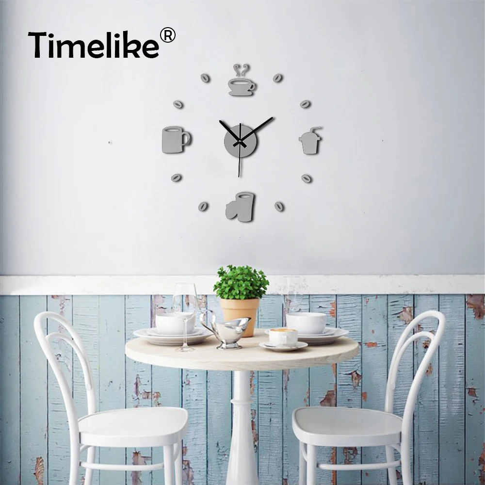 3D DIY Wall Clock Number Coffee Cup Acrylic Self-adhensive Quartz Digital Clocks Non-ticking Kitchen Home Decor | Дом и сад